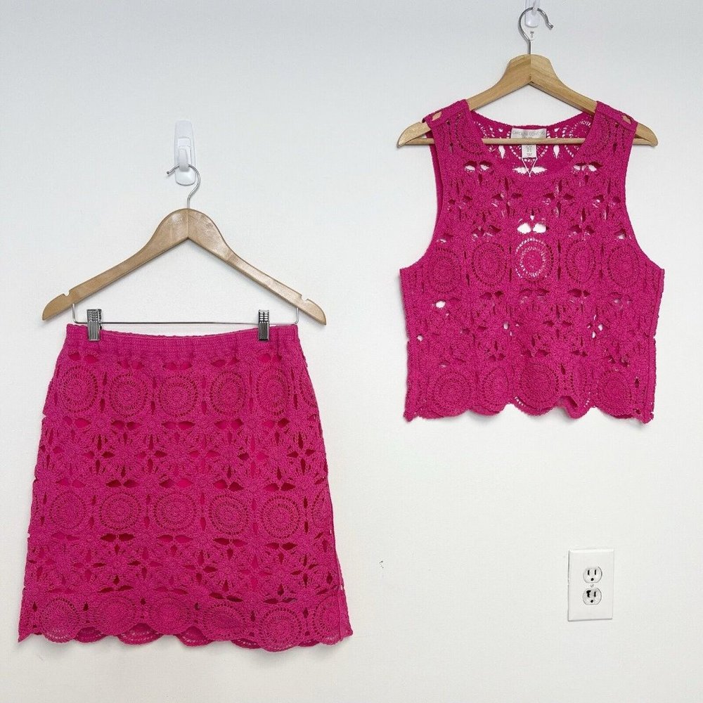 Caroline Constas Set Knit Fushia Crochet Tank Top & Mini Skirt Sz M NWT